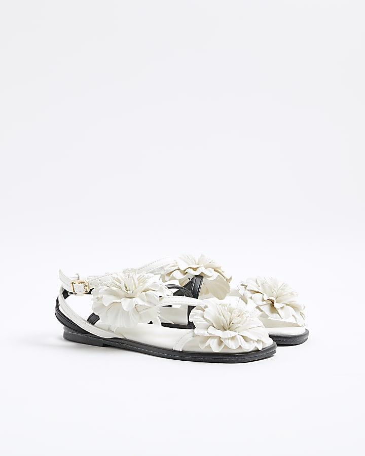 Girls White Flower Flat Sandals