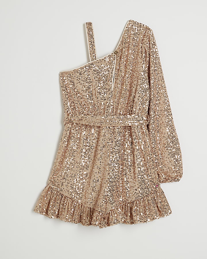 Girls Rose Gold Sequin One Shoulder Playsuit