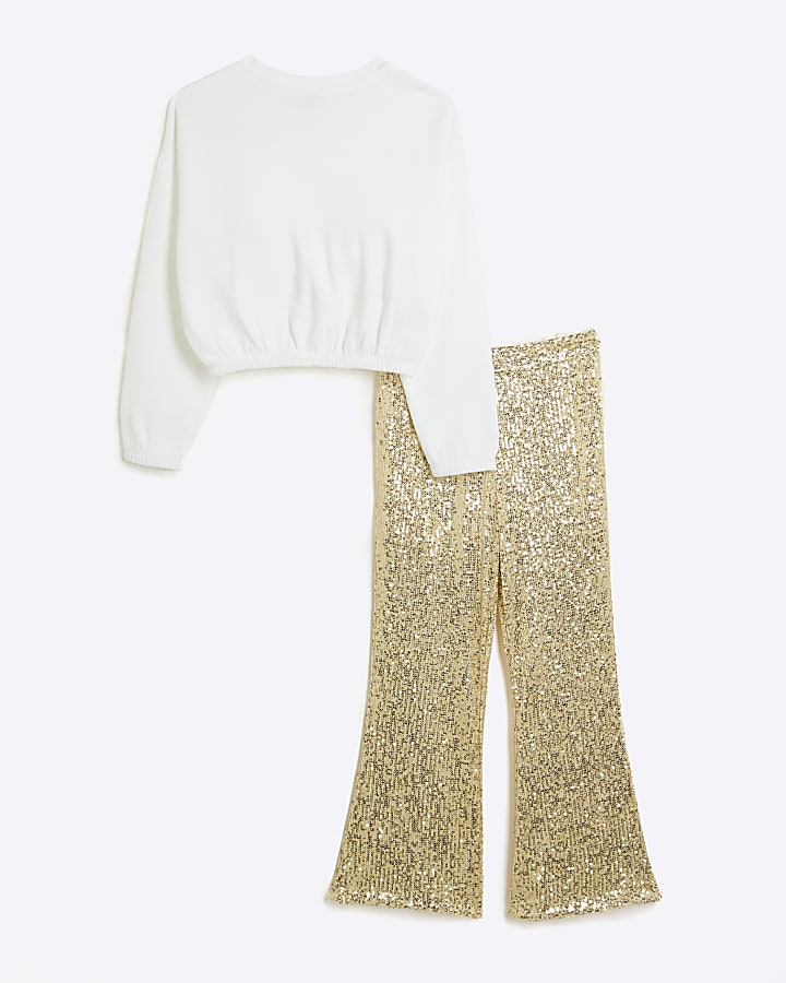 Girls White Sweatshirt & Sequin Trousers Set