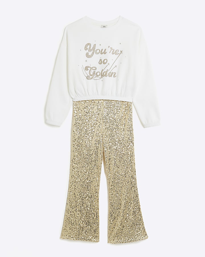 Girls White Sweatshirt & Sequin Trousers Set