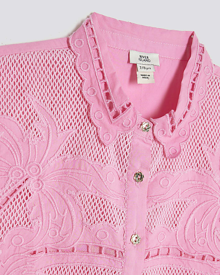 Girls Pink Palm Tree Cutwork Shirt Set