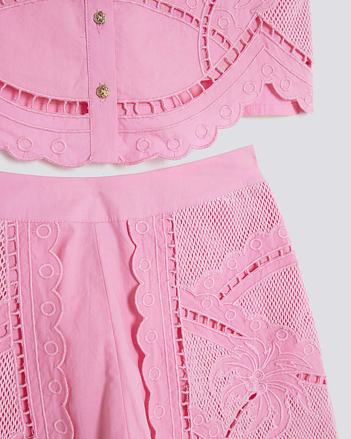 Girls Pink Palm Tree Cutwork Shirt Set