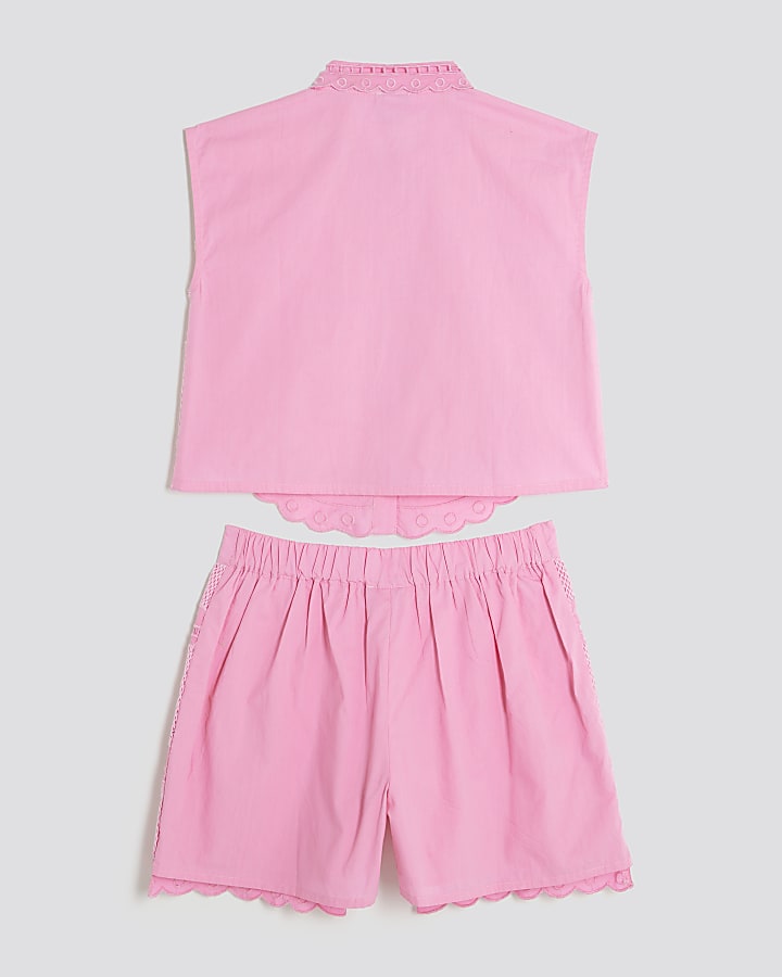 Girls Pink Palm Tree Cutwork Shirt Set