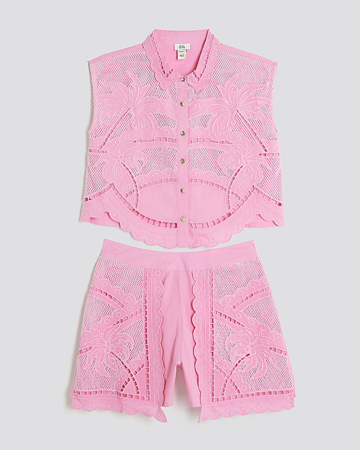Girls Pink Palm Tree Cutwork Shirt Set