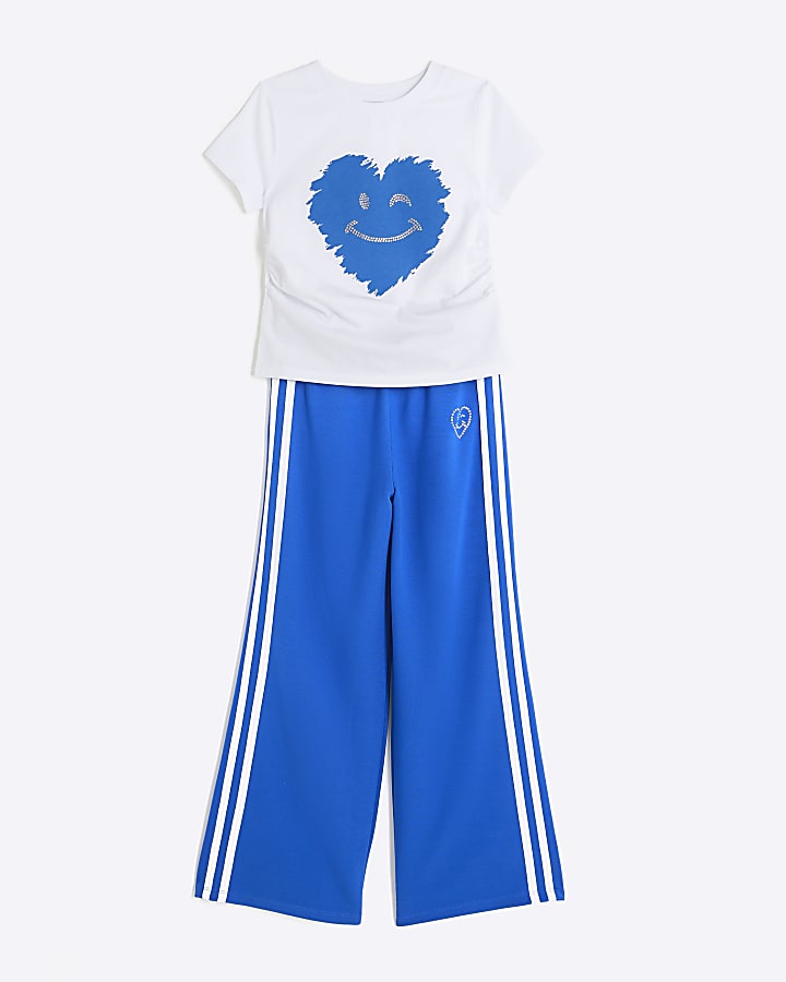 Girls Blue Track Smiley Heart T-shirt Set