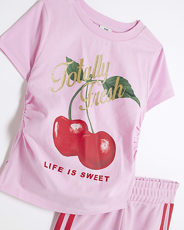 Girls Pink Cherry T-Shirt And Tracksuit Set