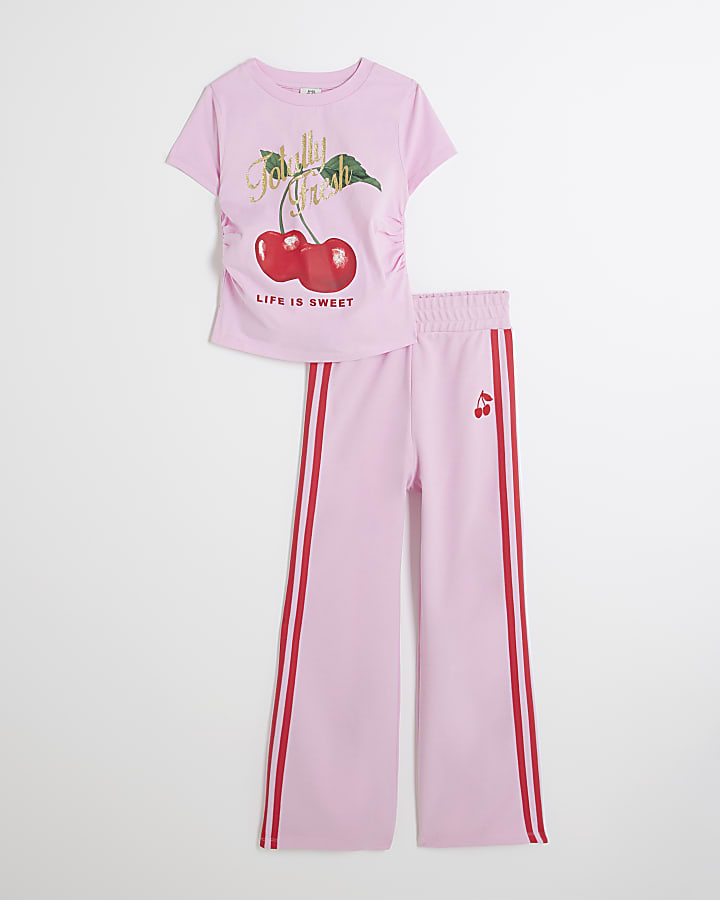 Girls Pink Cherry T-Shirt And Tracksuit Set