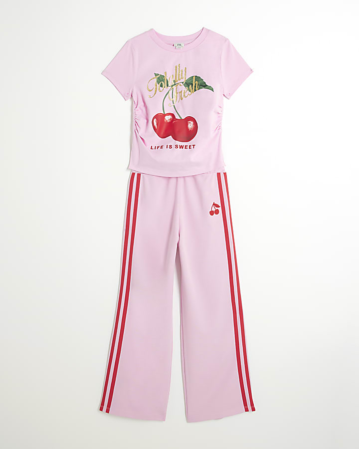 Girls Pink Cherry T-Shirt And Tracksuit Set