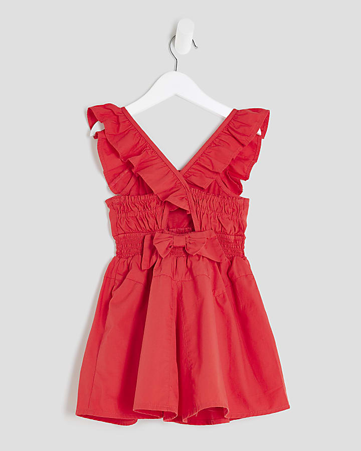 Mini Girls Red Frill Bow Back Dress