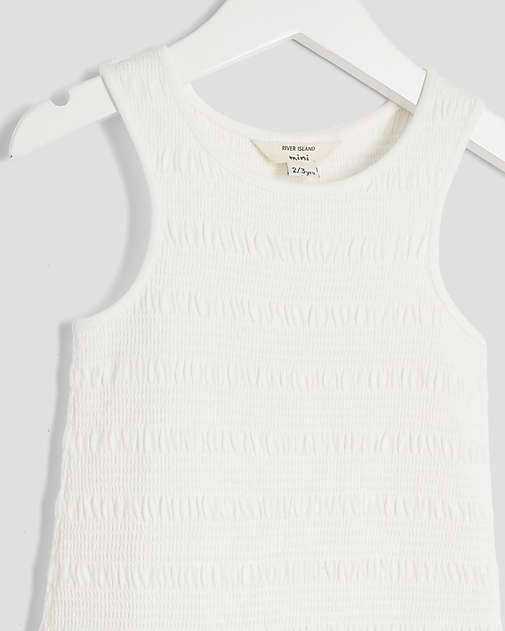 Mini Girls White Shirred Broderie Rara Dress