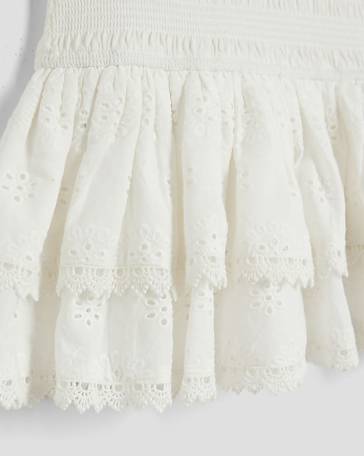 Mini Girls White Shirred Broderie Rara Dress