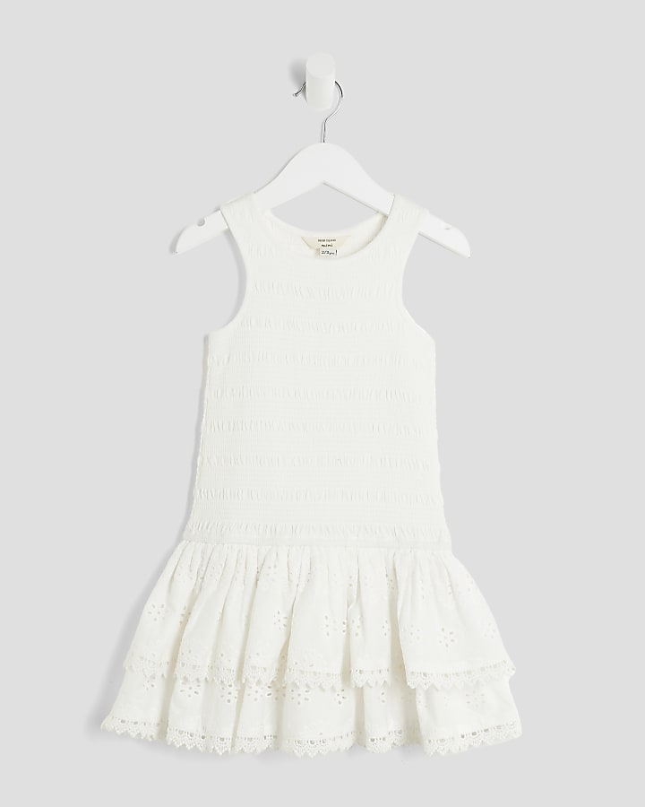 Mini Girls White Shirred Broderie Rara Dress