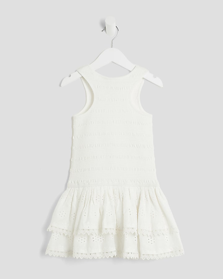 Mini Girls White Shirred Broderie Rara Dress