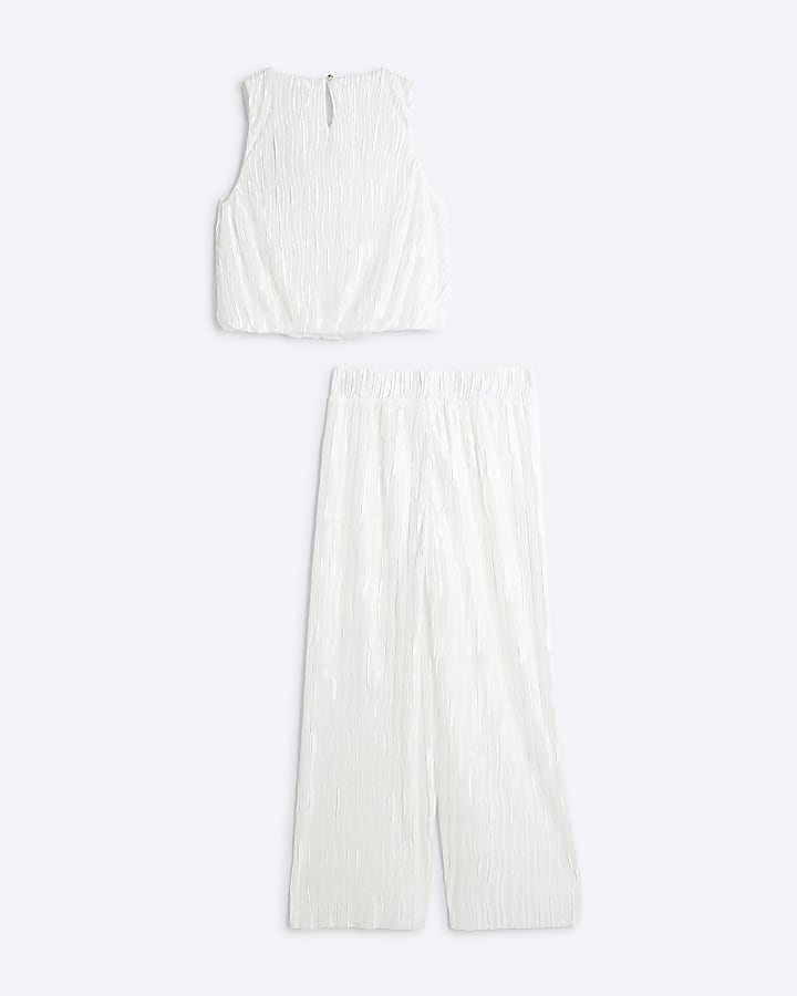 Girls Cream Plisse Bubble Hem Crop Top Set