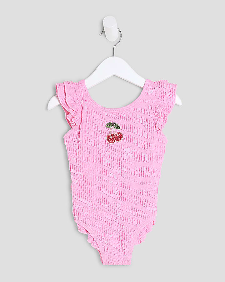 Mini Girls Pink Embellished Cherry Swimsuit