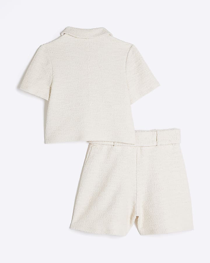 Girls Cream Boucle Belted Shorts Set