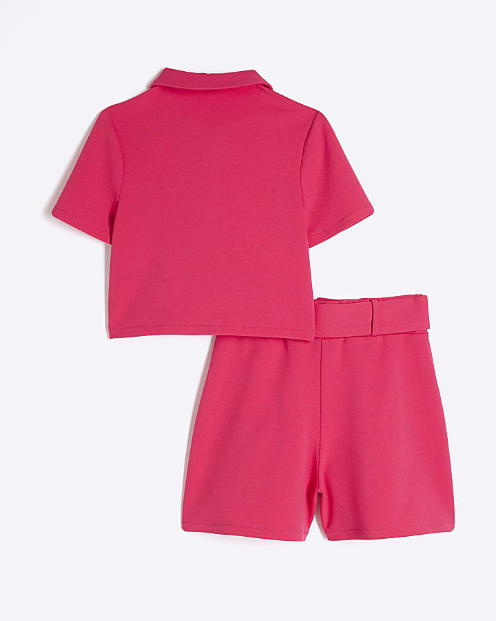 Girls Pink Scuba Top & Belted Shorts Set