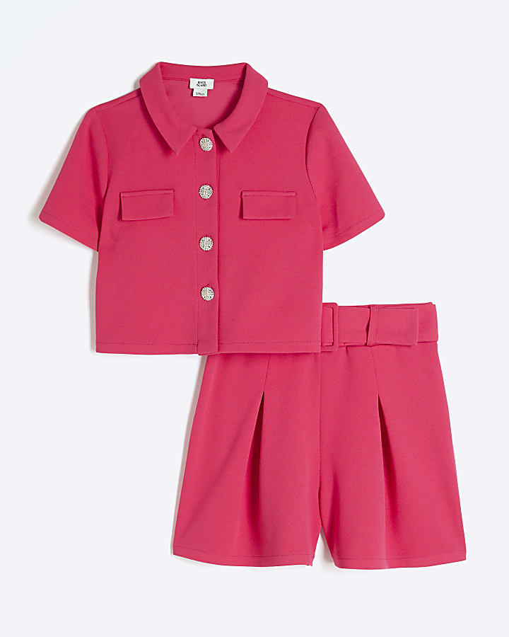 Girls Pink Scuba Top & Belted Shorts Set