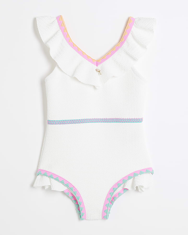 Mini Girls White Frilled Whipstitch Swimsuit