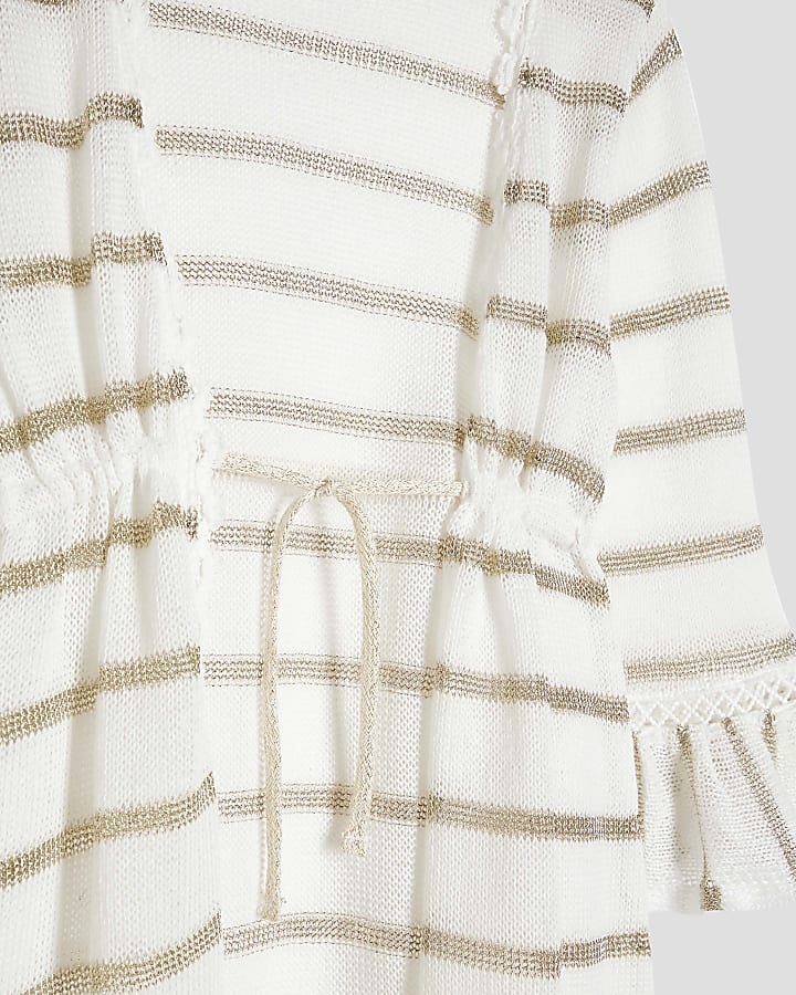Girls White Knitted Stripped Maxi Kaftan