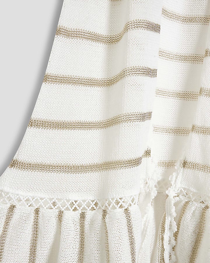 Girls White Knitted Stripped Maxi Kaftan