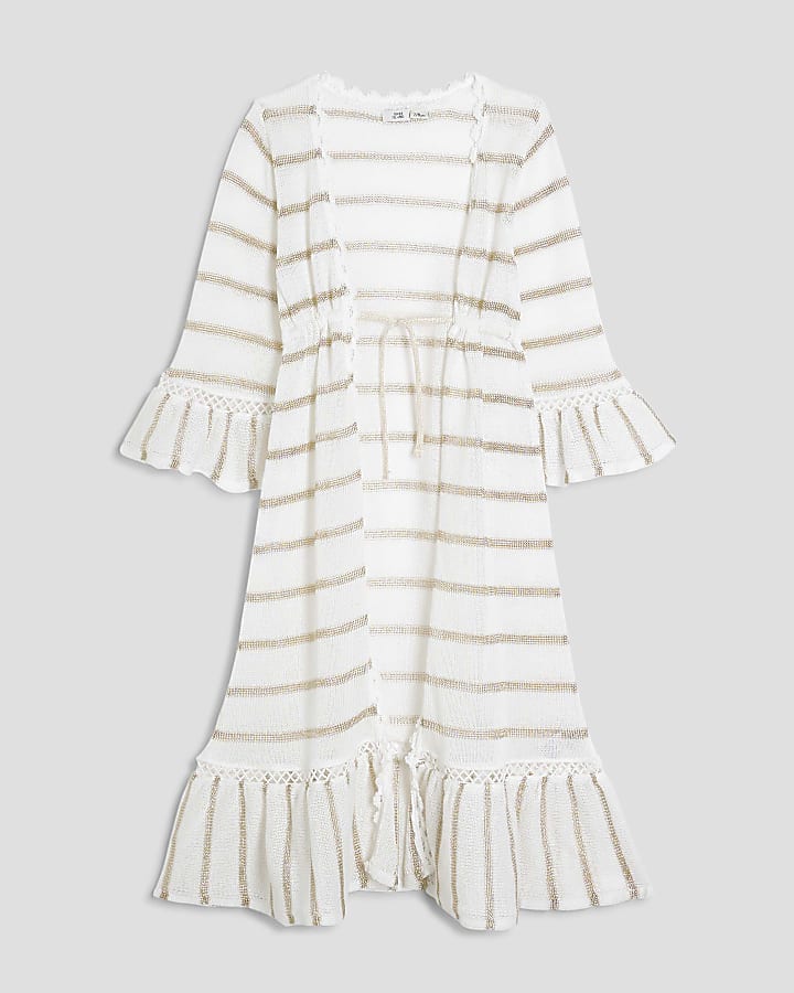Girls White Knitted Stripped Maxi Kaftan
