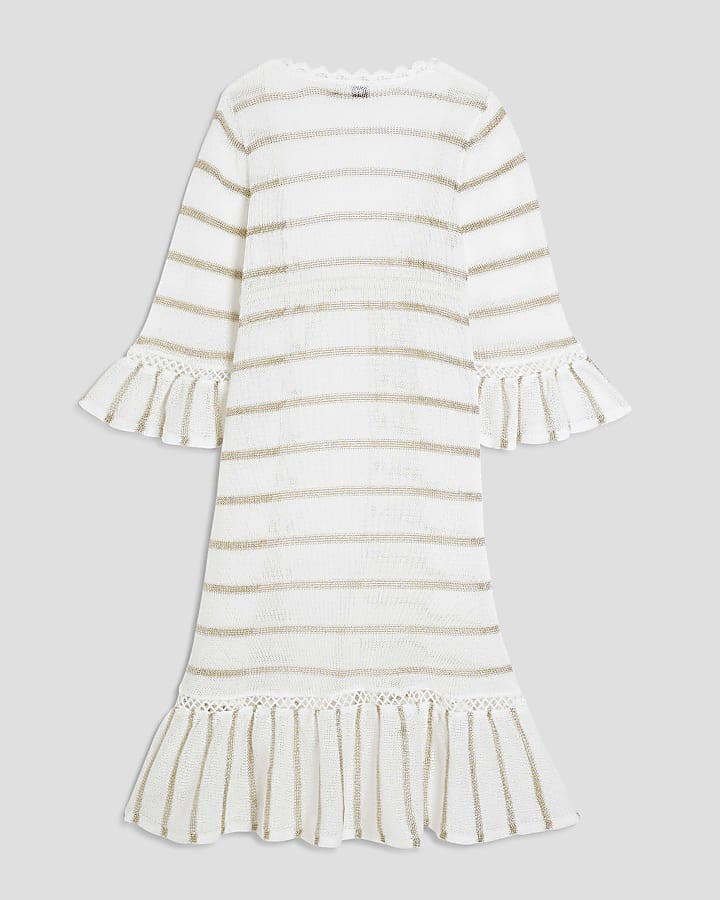 Girls White Knitted Stripped Maxi Kaftan