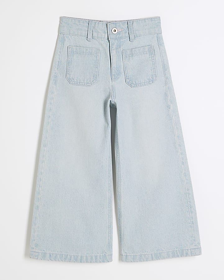 Girls Blue Cropped Wide Leg Jeans