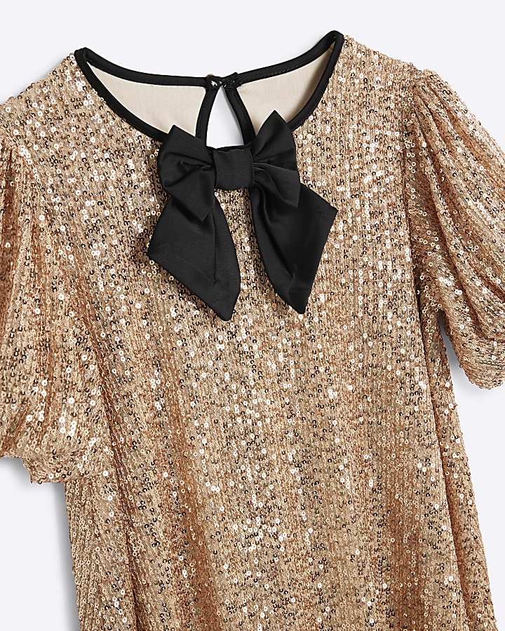 Girls Gold Sequin Bow Shift Dress