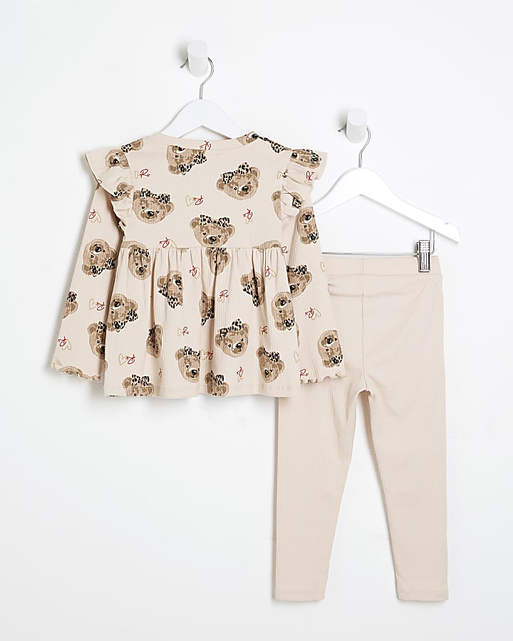 Mini Girls Beige Bear Peplum Top Set