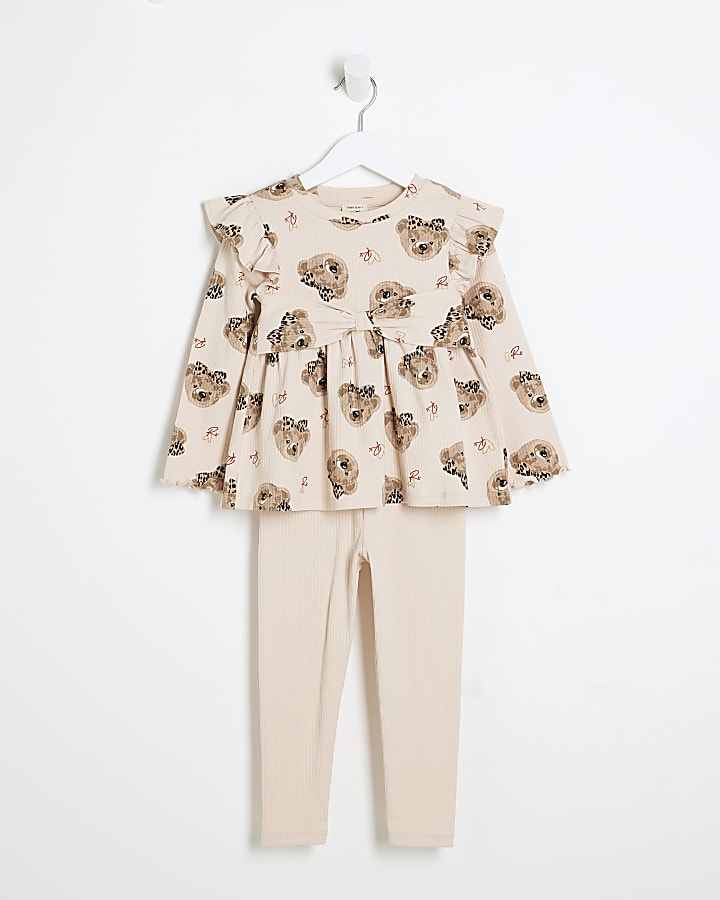 Mini Girls Beige Bear Peplum Top Set