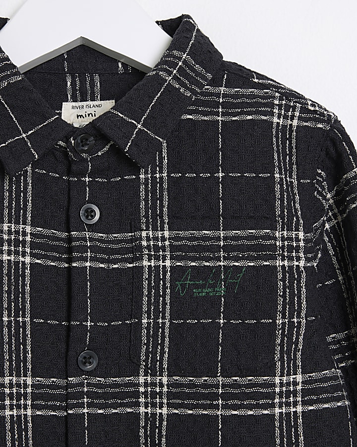 Mini Boys Black Waffle Check Shirt