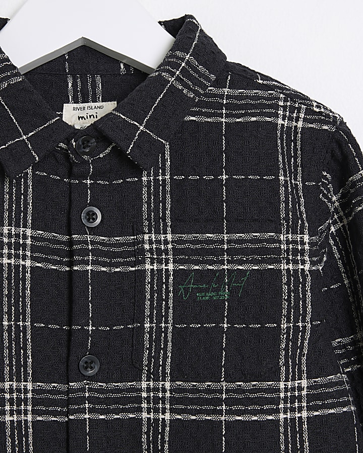 Mini Boys Black Waffle Check Shirt