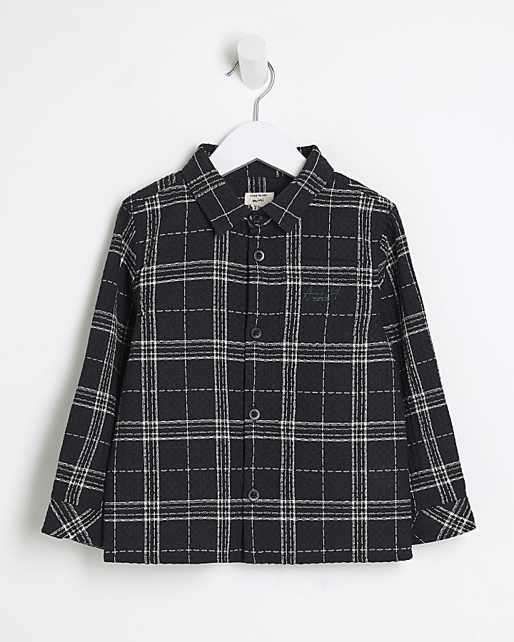 Mini Boys Black Waffle Check Shirt