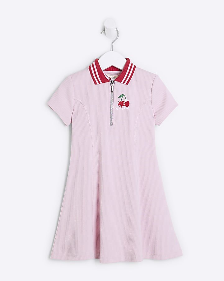 Mini Girls Pink Ribbed Cherry Zip Dress River Island