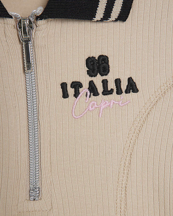 Mini Girls Beige Ribbed Zip Dress