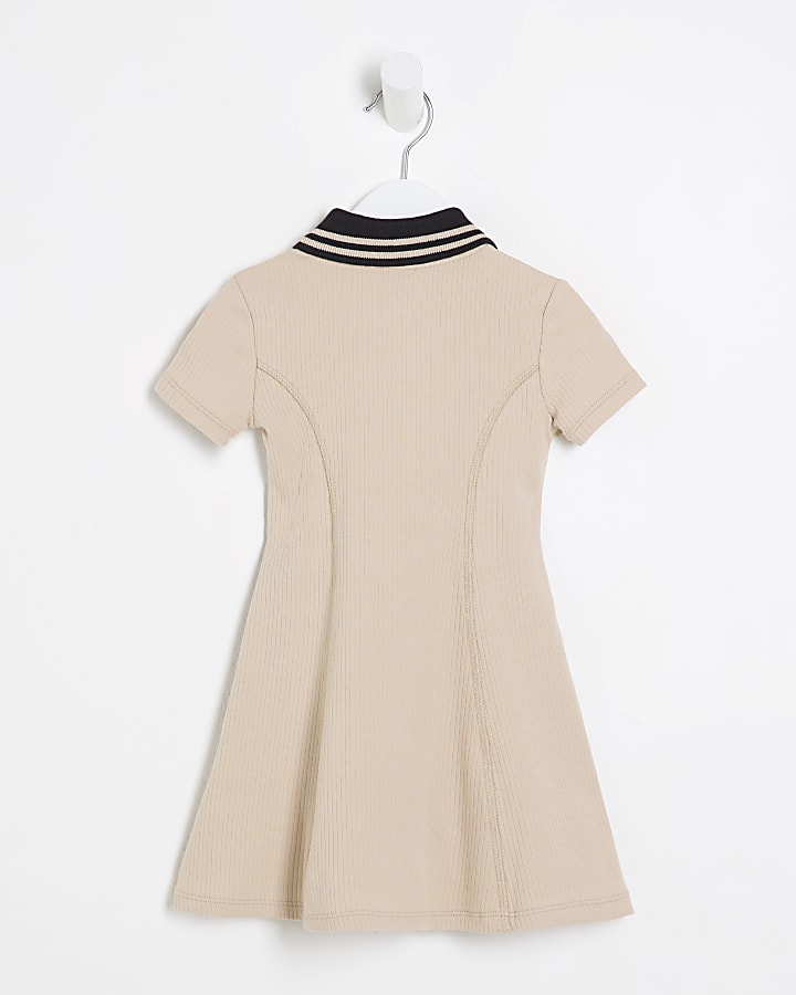 Mini Girls Beige Ribbed Cherry Zip Dress