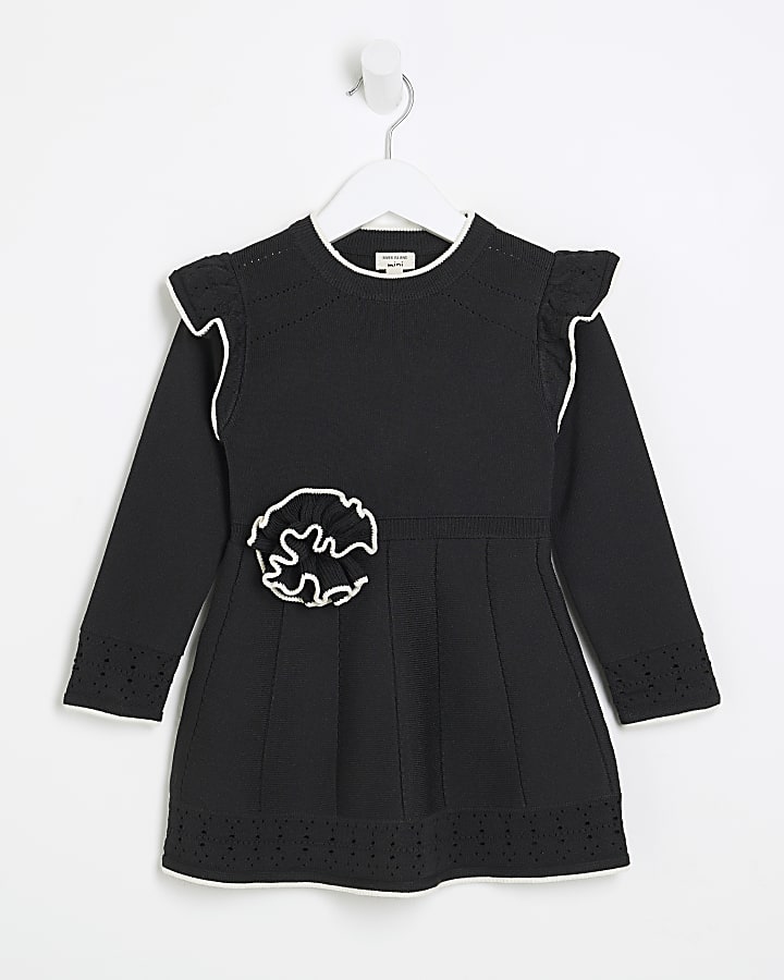 Mini Girls Black Rose Knit Dress