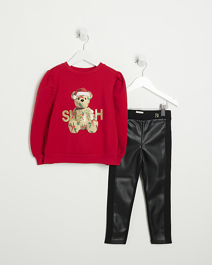 Mini Girls Red Christmas Bear Sweatshirt Set