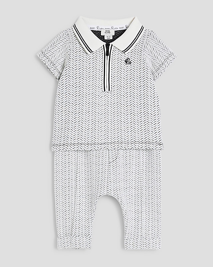 Baby Boys White Mono Textured Shirt Set