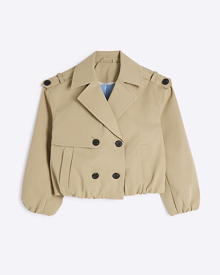 Girls Beige Bubble Hem Short Trench Coat