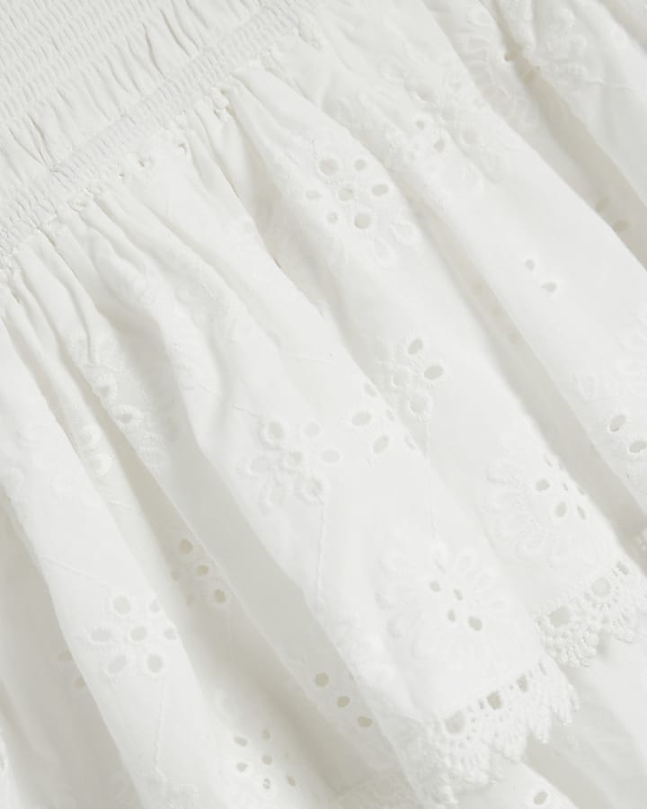 Girls White Shirred Broderie Rara Dress