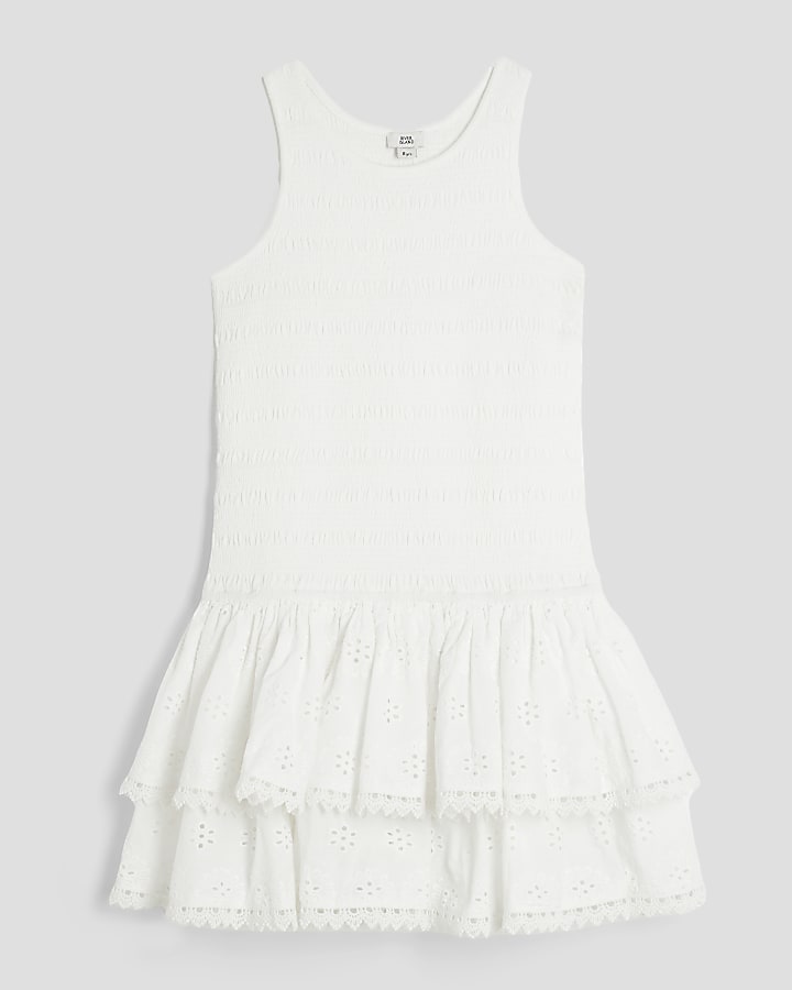 Girls White Shirred Broderie Rara Dress