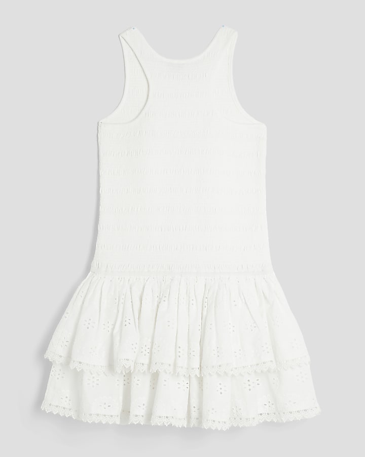 Girls White Shirred Broderie Rara Dress