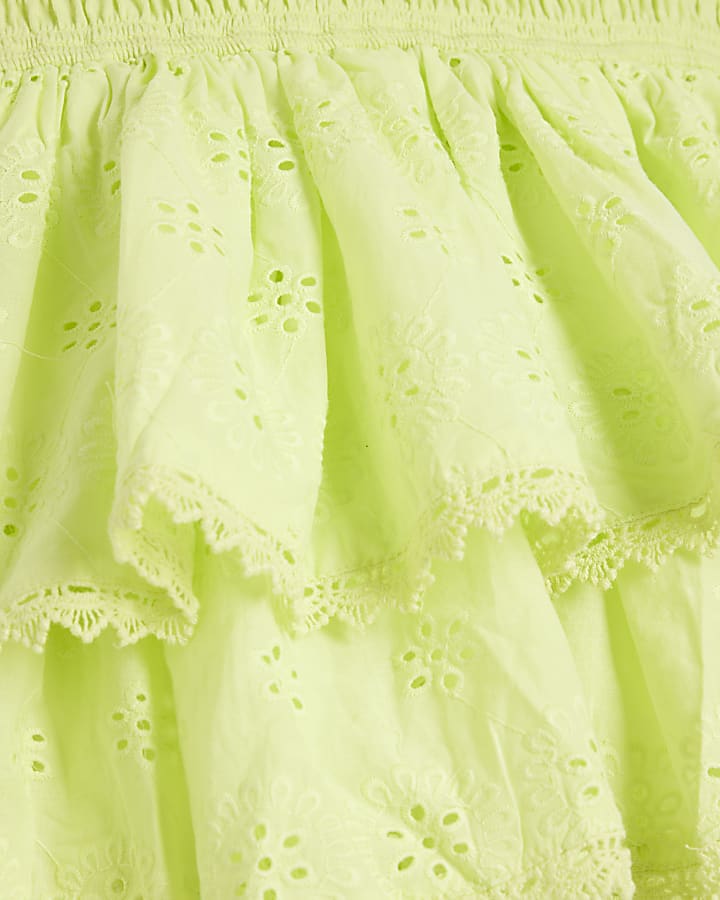 Girls Green Shirred Broderie Rara Dress