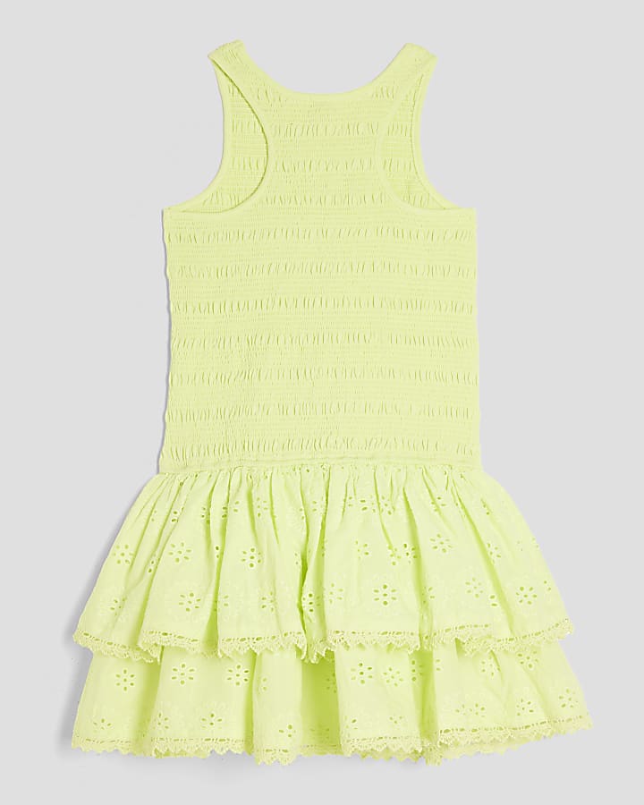 Girls Green Shirred Broderie Rara Dress