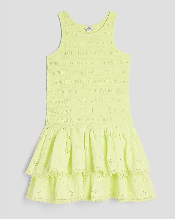 Girls Green Shirred Broderie Rara Dress