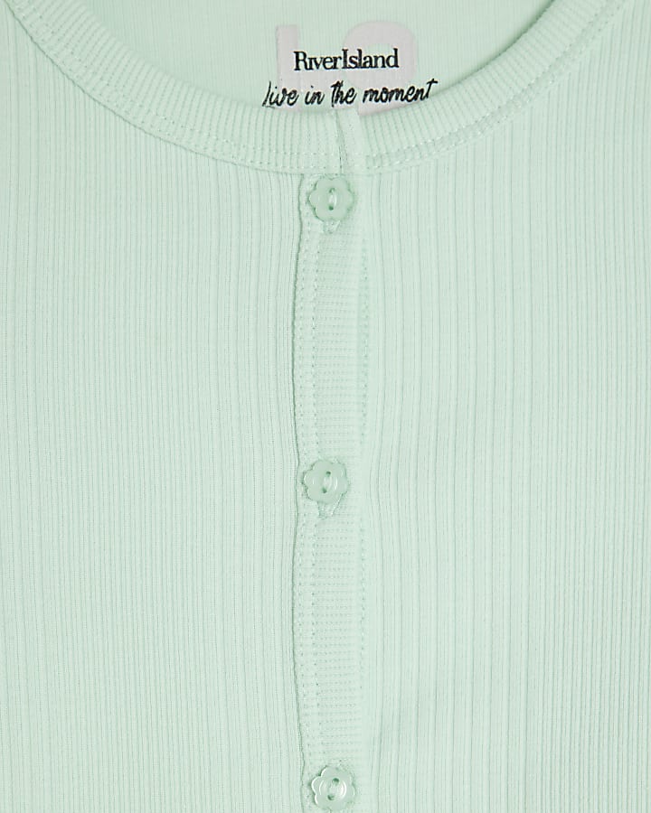 Girls Green Button Front Ribbed Scoop Top