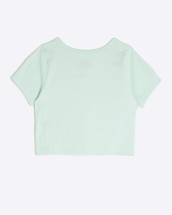 Girls Green Button Front Ribbed Scoop Top