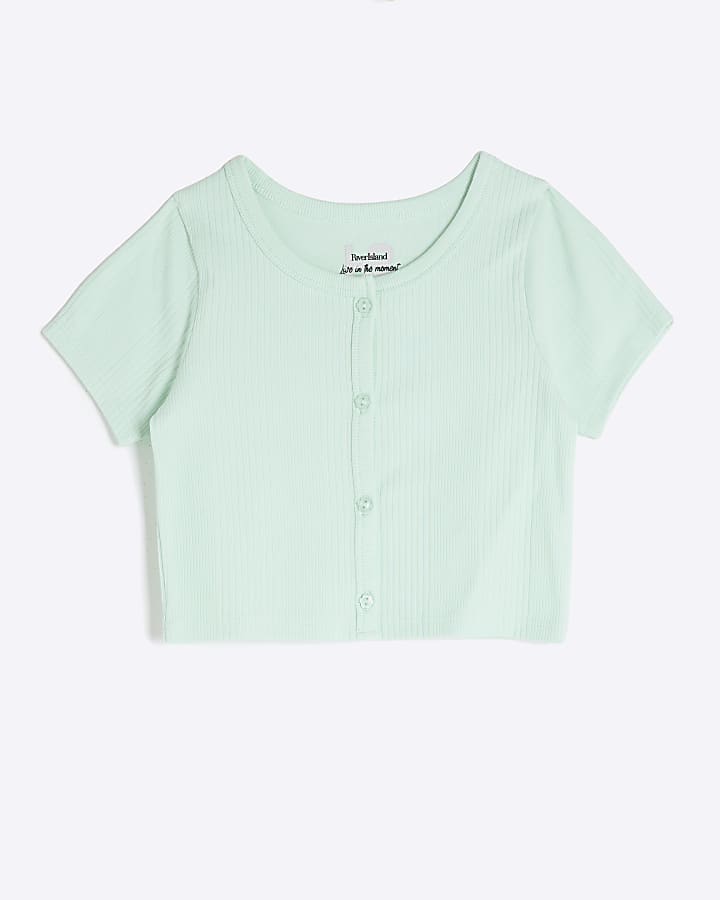 Girls Green Button Front Ribbed Scoop Top